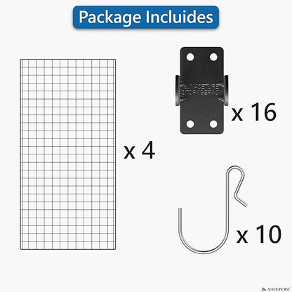 NACETURE Grid Wall Panels- 4 Pcs 2x4 ft Black Grid Wall Panel Display with 16 Gridwall Hooks & 10 S-Hooks, Space Saving Wire Mesh Panels for Retail, Garage, Home & Office Storage