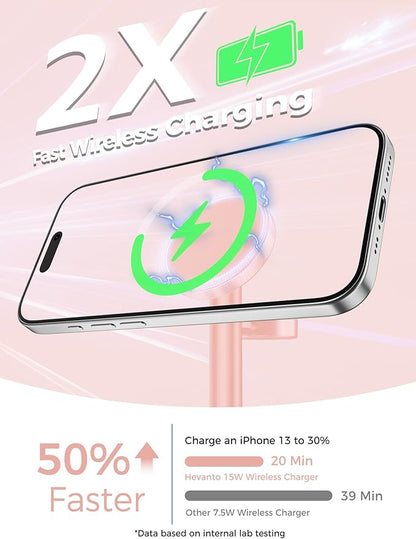 Hevanto 2025 3 in 1 Wireless Charging Station for Apple MagSafe Charger, 15W Fast Mag-Safe Charger Stand for iPhone 17 16 15 14 13 12 Apple Watch AirPods Compatible with MagSafe, Pink