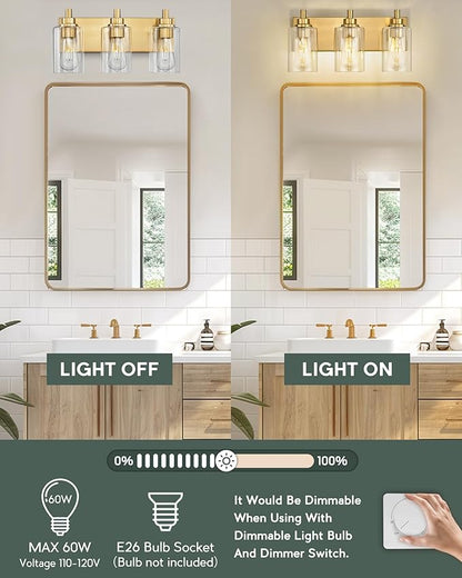 METWET 3-Light Bathroom Light Fixtures, Brushed Gold Vanity Light with Cylinder Clear Glass Shade, Modern Vanity Lighting Fixtures Over Mirror, VL143-BG-3