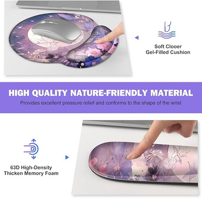 Large Desk Mat, Gaming Mouse Pad, Desk Pad Protector, XXL Mousepad + Keyboard Wrist Rest+Mouse Wrist Rest+Coaster Set with Ergonomic Desk Pad for Home Office PC Computer, Pastel Purple Flower Moon