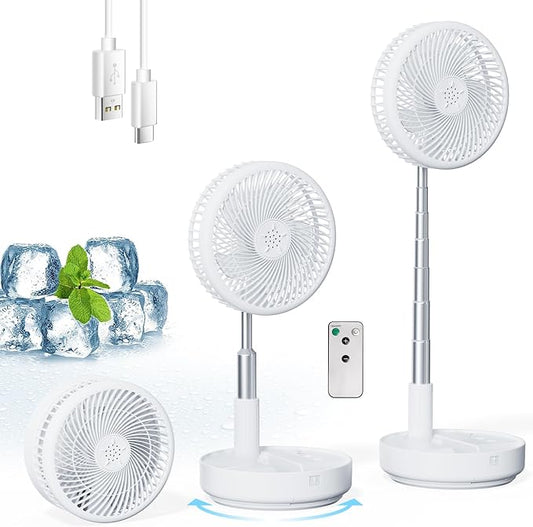 Primelove Portable Oscillating Rechargeable Fan, Battery Operated with 4 Speed Settings & Remote Control, Desk Travel Pedestal Fan for Sleeping, Camping, Cruise, RV - White 8" USB C