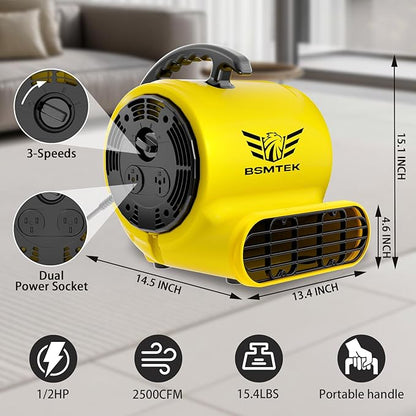 BSMTEK Air Mover Blower Fan, Industrial 1/2HP 2500CFM Monster Floor Blower Carpet Dryers - 3 Speeds, 4 Adjustable Angles, 15FT Long Cord, Stackable - 2026 Upgraded