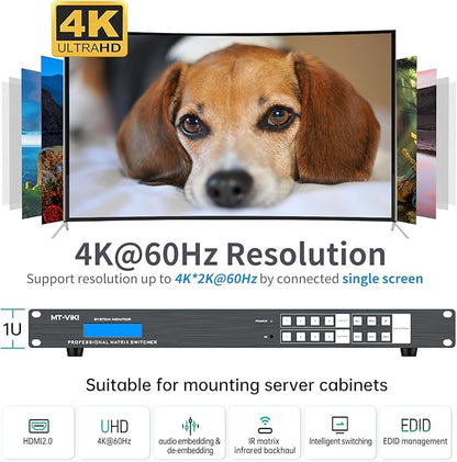 MT-VIKI 4K HDMI Matrix Extender 4x4 4K60Hz 4:4:4 Over CAT6/7/8 Cable, Matrix Splitter & Switcher with 4 POC Receivers + 4 Loop Out, Web GUI, RS232, Up to 230FT (70m)