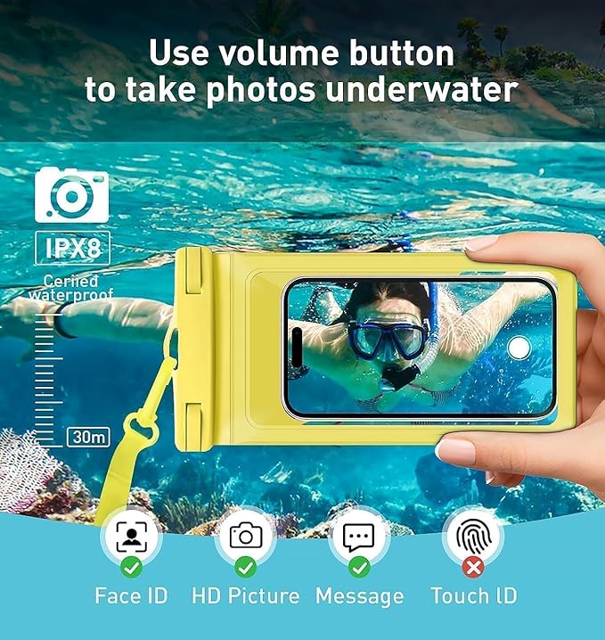 Universal Waterproof Phone Case,with Inside Card, Certified and Lightweight Waterproof Cellphone Pouch Under Water Beach Accessories for iPhone 16 15 14 13 Pro Max, 1 Pack-Yellow-8.3″
