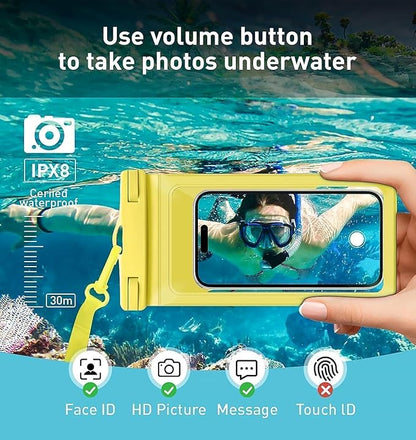 Universal Waterproof Phone Case,with Inside Card, Certified and Lightweight Waterproof Cellphone Pouch Under Water Beach Accessories for iPhone 16 15 14 13 Pro Max, 1 Pack-Yellow-8.3″