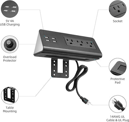 Emerising 2-Pack Desk Edge Mount Power Strips with 4 USB Ports & 3 AC Power Outlets for Home and Office Desktop Charging Bucket, 1250Joules Surge Protection,Black