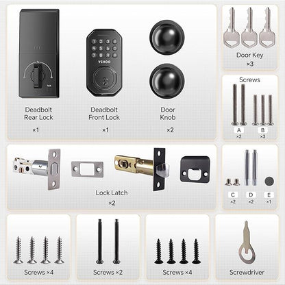 VCHOO Keyless Entry Door Lock with Handle, App Control Door Locks for Front Door, Auto Lock Keypad Door Lock with Handle, Smart Door Lock for Home Hotel Bedroom with 2 Door Knobs
