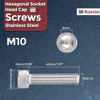 Kozelo 5pcs Socket Head Cap Screws - [M10-1.5 x 40mm] 304 Stainless Steel Allen Socket Drive for Electrical Motor 3D Printing Fan Engine Replacement Use, Silver