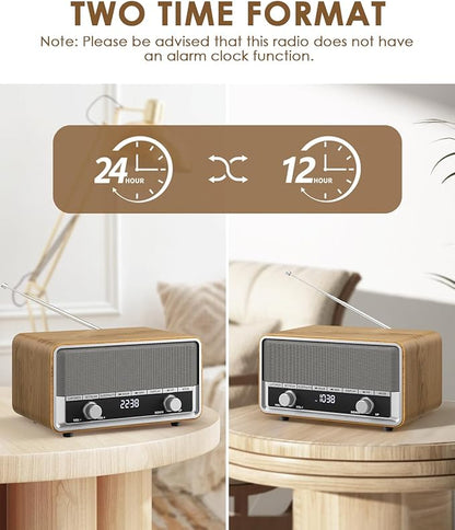 Vintage Wood AM FM Bluetooth Radio with Clock, Digital Clock Radio for Bedroom with LCD Display | 40 Presets | Sleep Timer | No Alarm, Retro Bluetooth Speaker for Office, Kitchen (Wood)