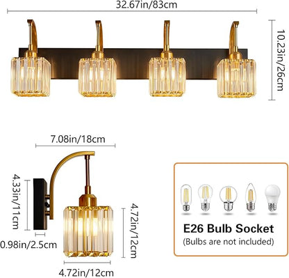 FDPBY Crystal Vanity Lights 4-Light Black Gold Bathroom Vanity Lights Modern Crystal Bathroom Light Fixtures Over Mirror 32.67" Long Vanity Light for Bathroom