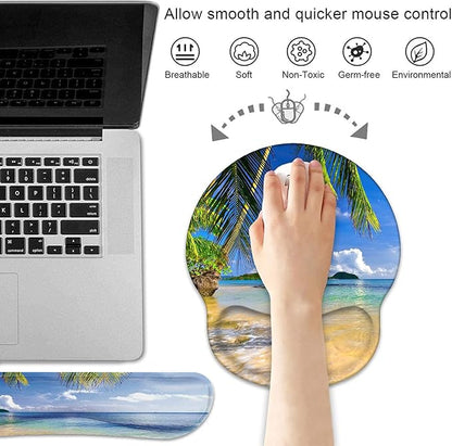 Keyboard Wrist Rest and Mouse Pad Wrist Support Set with Coasters, Non-Slip PU Base Ergonomic Gaming Mousepad for Home Office Working Studying Easy Typing & Pain Relief, Shore Palms Tropical Beach