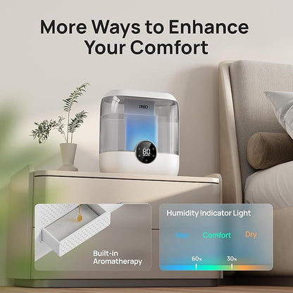 DREO 6L Top Fill Humidifiers for Bedroom, 60H Runtime 28 dB Quiet Supersized Cool Mist Air Humidifiers for Large Room, Baby Nursery, Plant, Indoor, Night Light, Easy to Clean, Precise Humidity Control