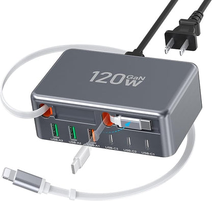 2026 Updated USB-C Fast Charging Station, 120W GaN 8-Port Retractable Charger Adapter, Includes 2.3ft Lightning+Type-C Dual Cable, Wall Charger Block Plug Cube for iPhone 17/16/15,iPad,Pixel, Galaxy