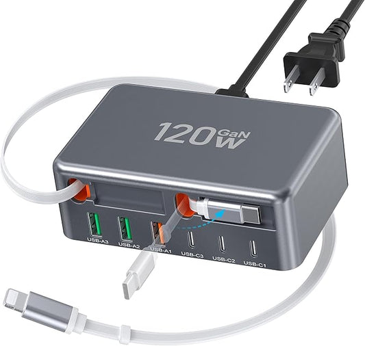 2026 Updated USB-C Fast Charging Station, 120W GaN 8-Port Retractable Charger Adapter, Includes 2.3ft Lightning+Type-C Dual Cable, Wall Charger Block Plug Cube for iPhone 17/16/15,iPad,Pixel, Galaxy