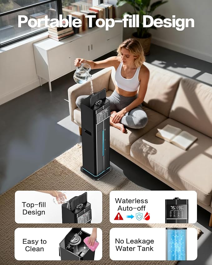 Cool Mist Humidifiers for Large Room, Ultrasonic 2.4Gal 9L Quiet Top-Fill, Easy Clean with Essential Oil Tray, 360°Nozzle, 4 Speed, Remote, 60H Runtime, for Baby, Adults, Plants, Home, House, Bedroom