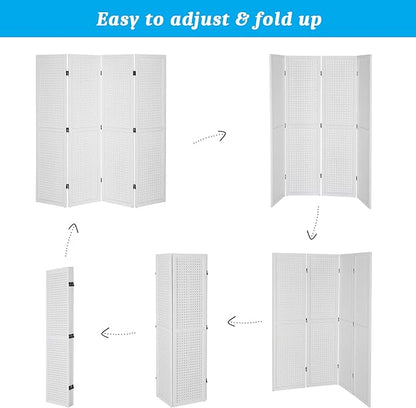 Bonnlo 4 Panel Pegboard Freestanding, 5 FT Portable Display Board Organizer for Craft Show Jewelry, Wooden Folding Privacy Screen Room Divider (with Base, White)
