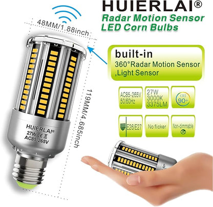 Radar Motion Sensor Light Bulbs A19 250W Equivalent AC85-265V 27W Motion Detector Auto Activated Dusk to Dawn Security Outdoor Porch Lights LED Bulb Warm White 3375LM E26/E27 (2 Pack)
