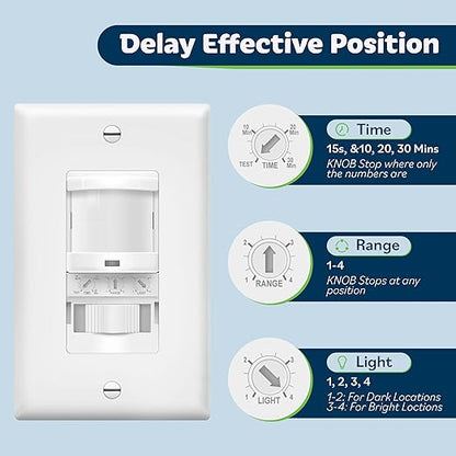 TOPGREENER Occupancy/Vacancy PIR Motion Sensor Light Switch, CDS Sensor with Learning Function, No Neutral Required, 200W Incandescent / 150W LED Load, UL Listed, Screwless Wall Plate, White, 4 Pack