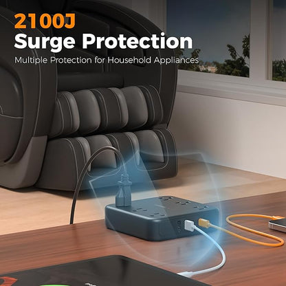 TESSAN Black Extension Cord with Fast Charger, Surge Protector Power Strip with 6 Outlets and 4 USB Ports (2 USB C), 2100 Joules Protection, Flat Plug, Multi Outlet Extender for Home, Office, Dorm