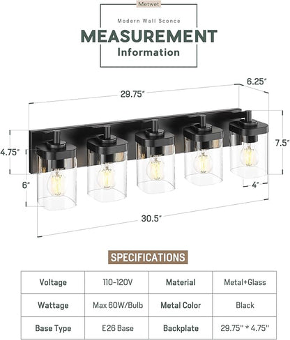METWET Bathroom Light Fixtures, 5-Light 30" Vanity Light with Square Clear Glass Shade, Modern Matte Black Wall Sconces, Vanity Lighting Fixtures Over Mirror, VL194-MB-5