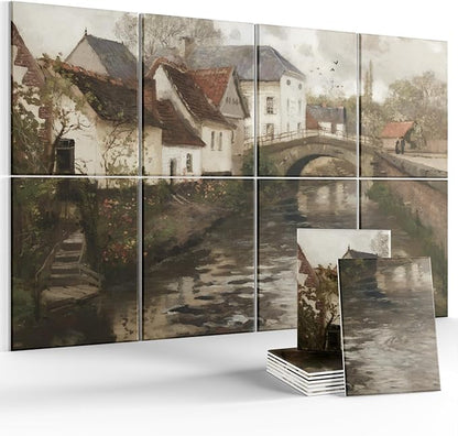 Wall Art Acoustic Panels,35''X24''Sound Absorbing Panels-8-Pack with 50 Adhesive Tabs, Decorative Sound Absorbing Panels for Living Room and Recording Studio, Offices-Small Town Near La Panne