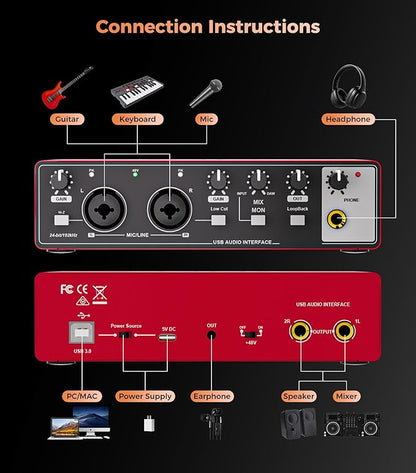 TISINO Audio Interface 24Bit/192kHz, USB Audio Interface for Recording, Songwriting, Streaming and Podcasting, Plug & Play Studio Interface with 48V Phantom Power, PC/Mac/iOS Compatible,RED