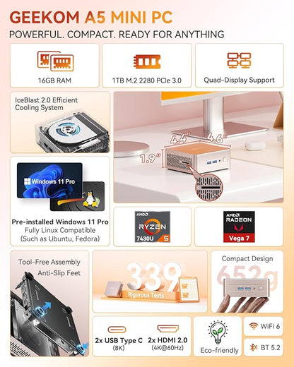 GEEKOM A5 2026 Mini PC with AMD Ryzen 5 7430U, 3-Year Coverage, 16GB RAM(Upgradable, Not LPDDR)&1TB M.2 NVMe SSD, Windows 11 Pro Desktop Computer Support 8K/Wi-Fi 6/BT 5.2/USB 3.2/SD Slot/6x USB