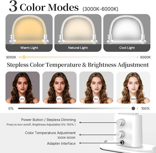 Half Moon Light for Nail Desk, Portable Nail Light for Desk with Phone Holder, Stepless Adjustment of Brightness and Color Temperature, Desk Lamp for Nail Tech, Eyelash, Tattoo, Makeup (White)