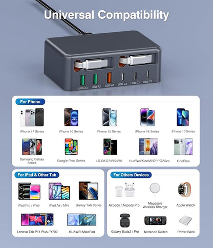 2026 Updated USB-C Fast Charging Station, 120W GaN 8-Port Retractable Charger Adapter, Includes 2.3ft Lightning+Type-C Dual Cable, Wall Charger Block Plug Cube for iPhone 17/16/15,iPad,Pixel, Galaxy