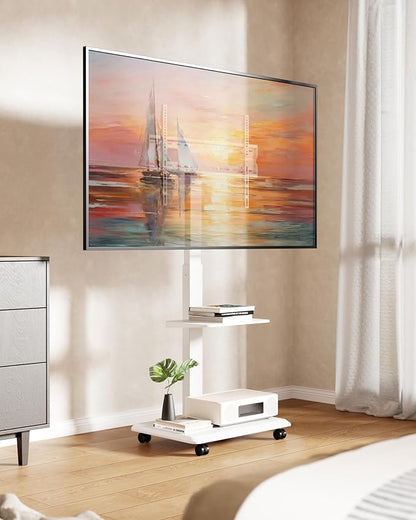 ECOTINY Steel Base Rolling TV Stand for 32-75 inch TVs up to 110 lbs, Leveling & Tilt & Swivel Mobile TV Stand with Hidden Wire Management, Height Adjustable Portable Tv Stand with Steel Shelf, White