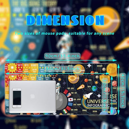 Desk Mat, 3D Solar System Galaxy Infographic Extended Gaming Mouse Pad Large, 35.4"x15.7" Big Mouse Pad with Non-Slip Base and Stitched Edge, Long Computer Keyboard Mouse Mat for Home Office Work