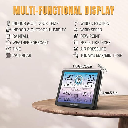 Raddy VP7 5-in-1 Weather Station Wireless for Indoor Outdoor | 7.4" Large Digital Color Display, with Barometer, Rain Gauge, Wind Speed, Atomic Clock, Weather Forecast, Temperature Humidity Monitor