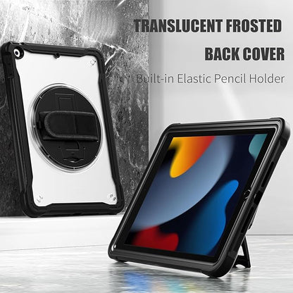 ZenRich Clear Case for iPad 9th/8th/7th Generation 10.2 inch 2021/2020/2019, Shockproof Slim Hard Case with Pencil Holder/360°Rotating Kickstand/Handle/Carrying Strap, Black