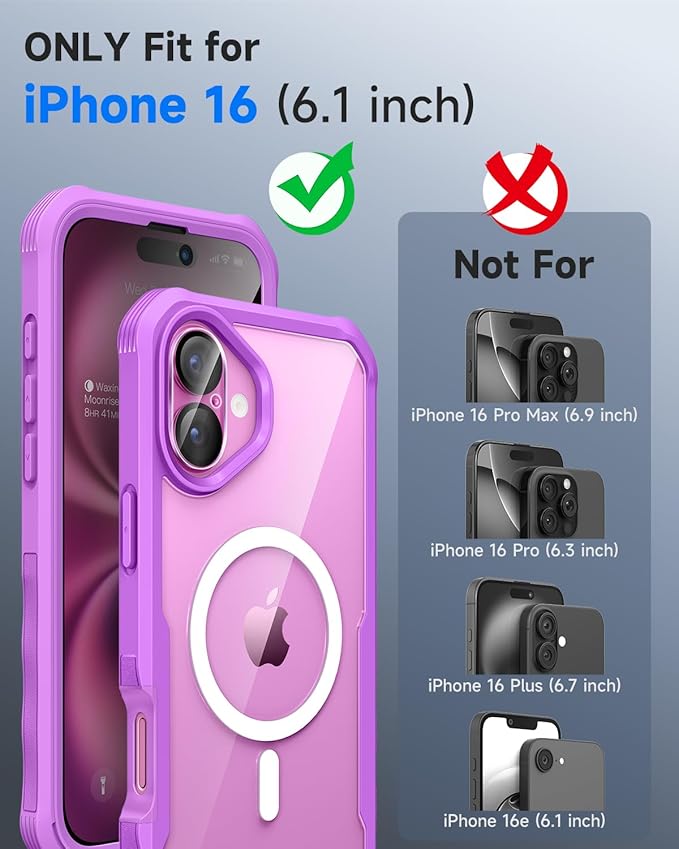 seacosmo for iPhone 16 Case, Full Body Bumper with Built-in 9H Tempered Glass Privacy Screen and Camera Lens Protector, Compatible with MagSafe, Shockproof 16 Phone Case, 6.1", Fuchsia Pink