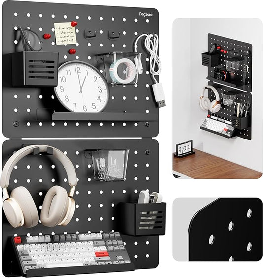 PEGZONE Pegboard Wall Organizer Combination Kit, Overall 25.4"x16.6" Metal Office Pegboard with 13 Accessories, Wall Mounted Peg board Display Panels for Home, Gaming Room, Garage (2Pcs, Medium,Black)