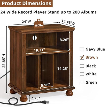 Joaxswe Record Player Stand with Charging Station Up to 200 Albums, 24" Wide Mid-Century Record Player Table with Vinyl Record Storage,Large Wood Turntable Stand Dispaly Cabinet for Living Room,Brown