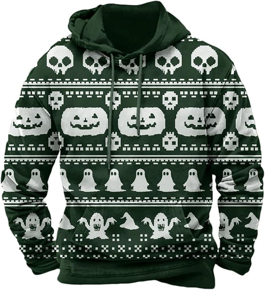 Halloween Hoodie Men Graphic Pumpkin Ghost Printed Sweatshirt Casual Trendy Long Sleeve Halloween Hooded Tops with Pockets