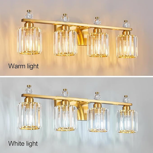 FDPBY Bathroom Vanity Lights 4-Light Gold Modern Crystal Vanity Light Fixtures Over Mirror Crystal Bathroom Vanity Lighting Fixtures