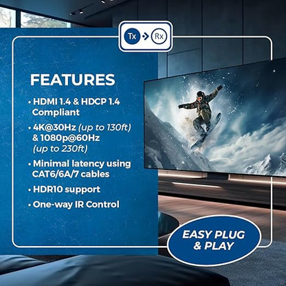 OREI HDMI Over Ethernet Extender Over Single CAT6/7 Ethernet Cable 4K@30Hz Up to 130 ft & 1080p Up to 230 ft (EX-230PRO)