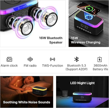 AUVODA S300 Portable Bluetooth Speaker with 15W Fast Wireless Charging, 13-Color Dimmable Night Light, White Noise, Alarm, FM Radio, 16W Stereo, BT5.3, TWS, for Home, Office, Bedroom (Black)