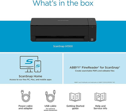 ScanSnap iX1300 Compact Wireless or USB Double-Sided Color Document, Photo & Receipt Scanner with Auto Document Feeder and Manual Feeder for Mac or PC, Black