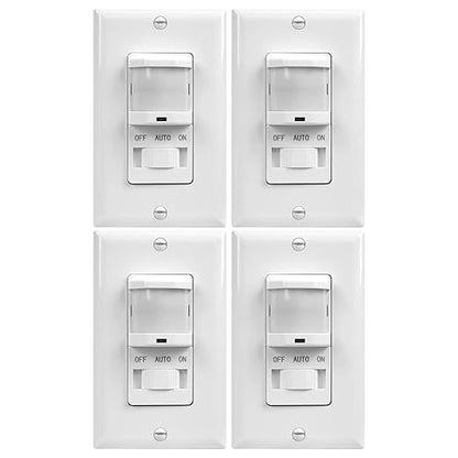 TOPGREENER Occupancy/Vacancy PIR Motion Sensor Light Switch, CDS Sensor with Learning Function, No Neutral Required, 200W Incandescent / 150W LED Load, UL Listed, Screwless Wall Plate, White, 4 Pack