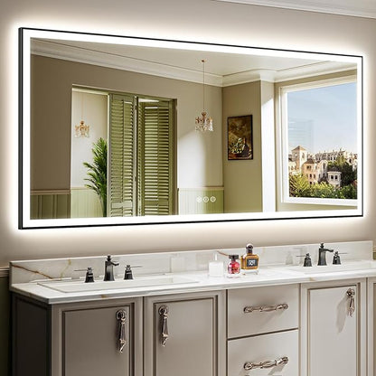 YEELAIT 88x38 Inch LED Bathroom Mirror with Lights (Front Lit and Backlit) Black Framed Lighted Vanity Mirror for Bathroom Wall Dimmable Anti-Fog Memory Tempered Glass Horizontal/Vertical