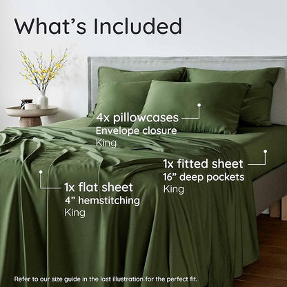 Bambaw 100% Viscose Derived from Bamboo Sheets King Size Set – 6pcs Set of Cooling Sheets for Hot Sleepers, Fits Up to 16'' Mattresses, Super Soft & Luxury Bedding Sets King (Olive)