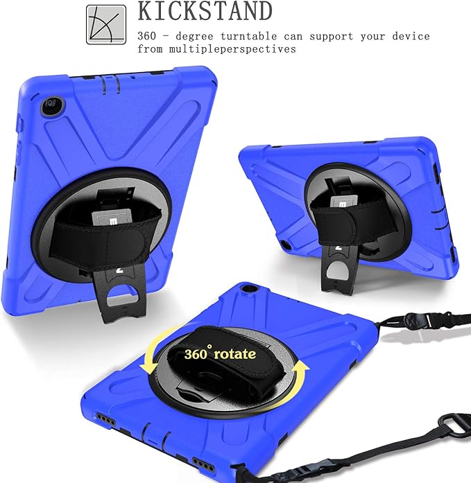 BRAECN for Galaxy Tab A 10.1 Case SM-T510/SM-T515,[Adjustable Hand Strap] [Rotating Stand] [Attachable Shoulder Strap] Heavy Duty Drop Protection Rugged Case for Samsung Tab A 10.1 Inch 2019 -Blue