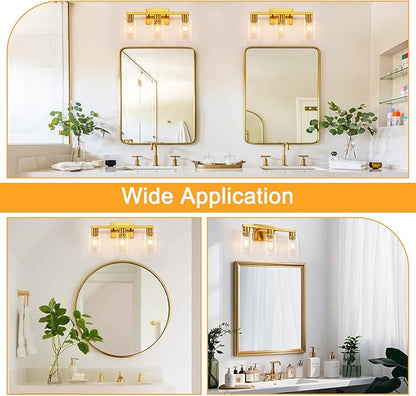 SOPEAS Gold 3-Light Bathroom Vanity Light, Modern Brushed Gold Vanity Lights with Clear Glass Shades, Bathroom Wall Sconce Lamp for Mirror Living Room Bedroom Hallway