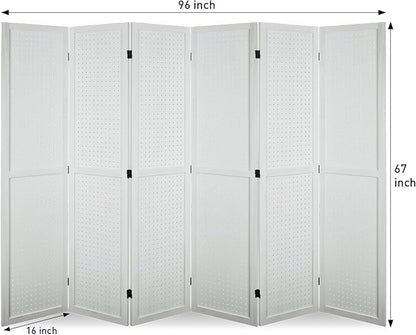 ECOMEX 6 Panel Room Divider, 5.6Ft Pegboard Display Wooden Room Divider Folding Privacy Screen Room Divider Freestanding Peg Board Display for Trade Show Craft Show Home Wall Organizer, Elegant White