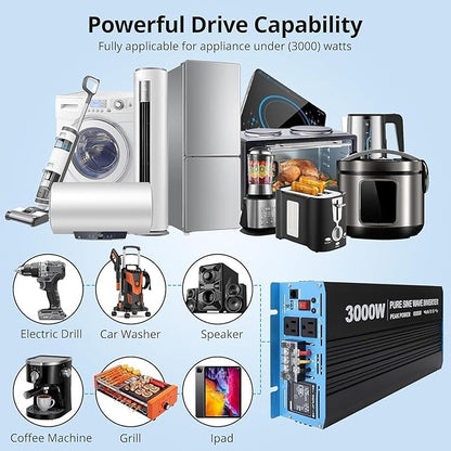 3000W Pure Sine Wave Inverter 1 USB Port 5v/2.4a,LCD Display&Remote Controller for Home, RV, Truck