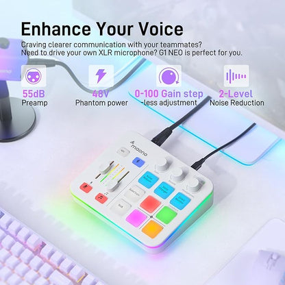 MAONO Gaming Audio Mixer, Audio Interface with Pro-preamp, RGB, Bluetooth, 48V Phantom Power for Live Streaming, Podcasting, Content Create, Gaming MaonoCaster G1 NEO (White)