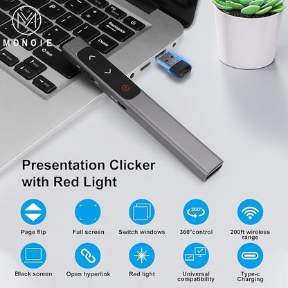 M Monoie Wireless Presenter, Laser Pointer Clicker for Keynote, Laptops, Google Slides - Supports Hyperlinks and Volume Control (Gray Pen/Red/USB Interface)